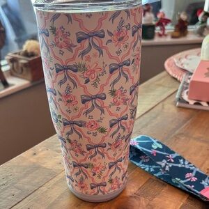 NWT Floral Patterned Tumbler with Blue and Pink Accents and key chain wristlet